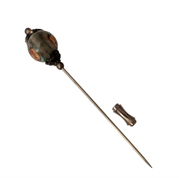 VENETIAN ART Glass Beaded Silver Stick Pin Grey Pink Aqua Floral 1930 - Picture 6 of 7